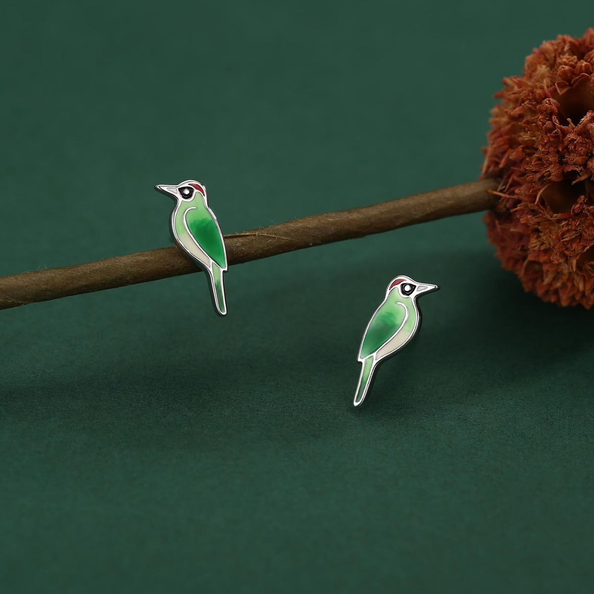 Sterling Silver Green Woodpecker Enamel Stud Earrings