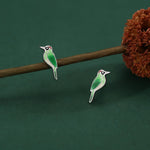 Sterling Silver Green Woodpecker Enamel Stud Earrings