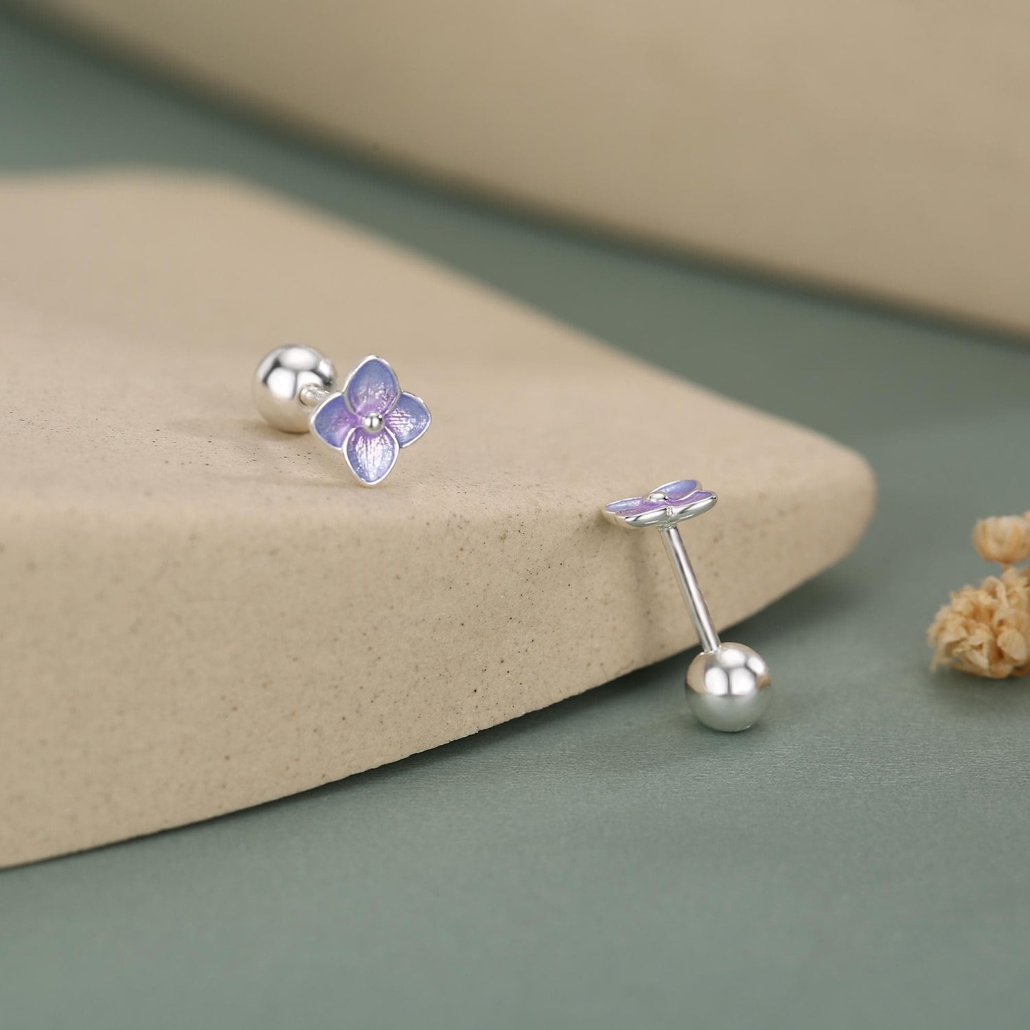 Sterling Silver Purple Hydrangea Flower 18G Screw Back Stud Earrings with Ball Backs