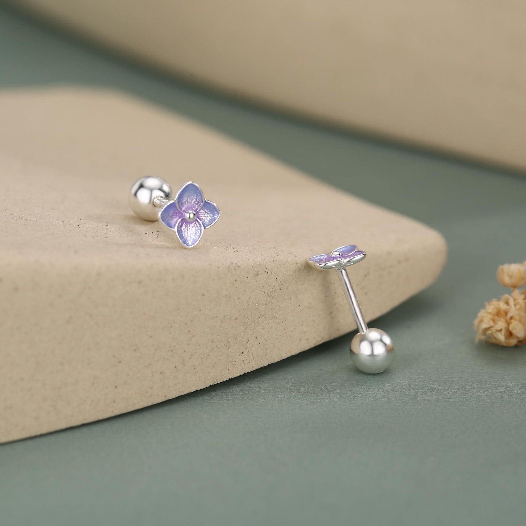 Sterling Silver Purple Hydrangea Flower 18G Screw Back Stud Earrings with Ball Backs