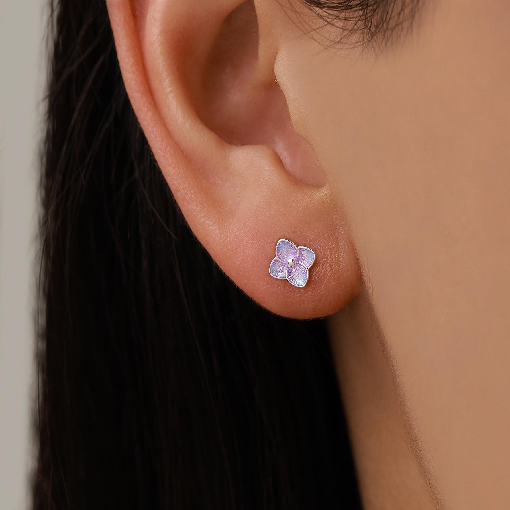 Sterling Silver Purple Hydrangea Flower 18G Screw Back Stud Earrings with Ball Backs