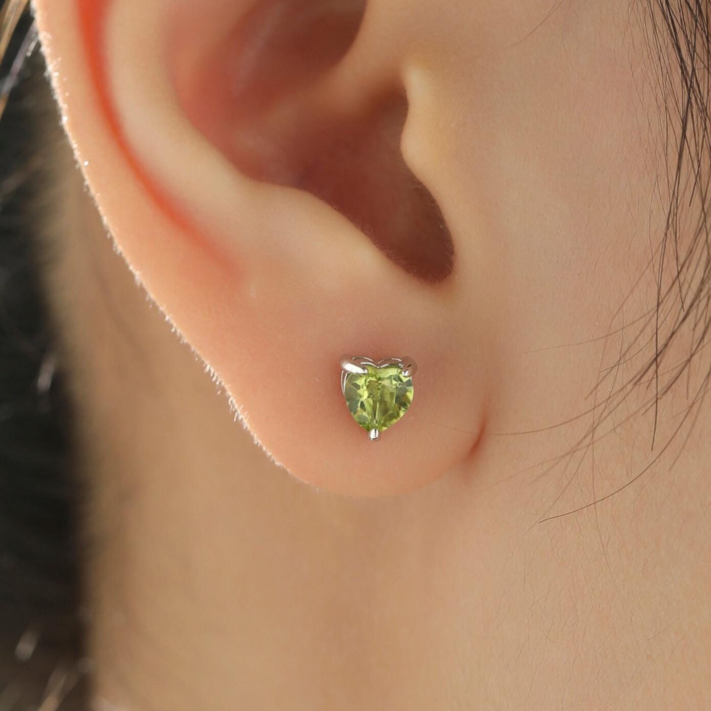 Natural Peridot Stone Heart Stud Earrings in Sterling Silver - 5mm Genuine Peridot Crystal Stud Earrings - Semi Precious Gemstone