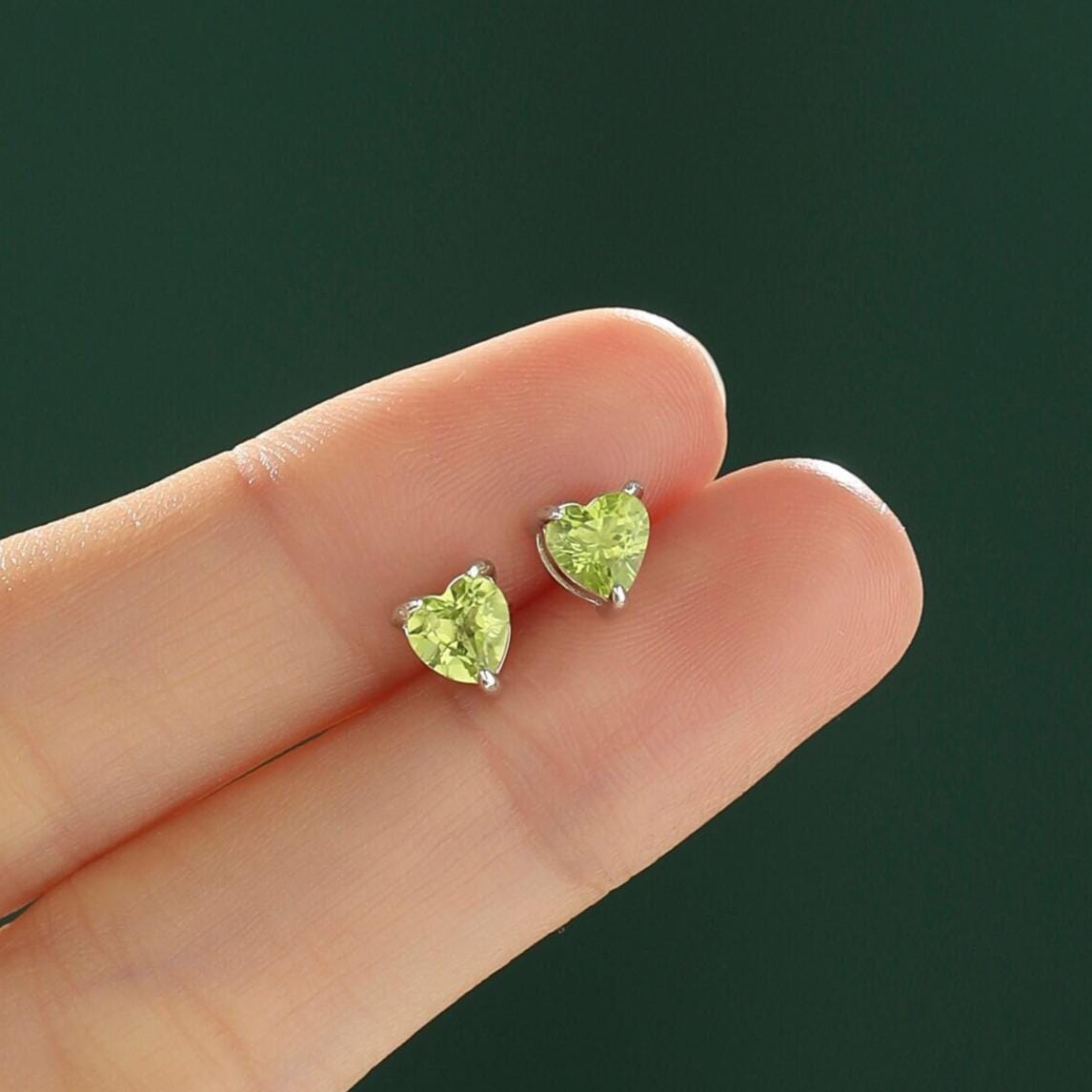 Natural Peridot Stone Heart Stud Earrings in Sterling Silver - 5mm Genuine Peridot Crystal Stud Earrings - Semi Precious Gemstone