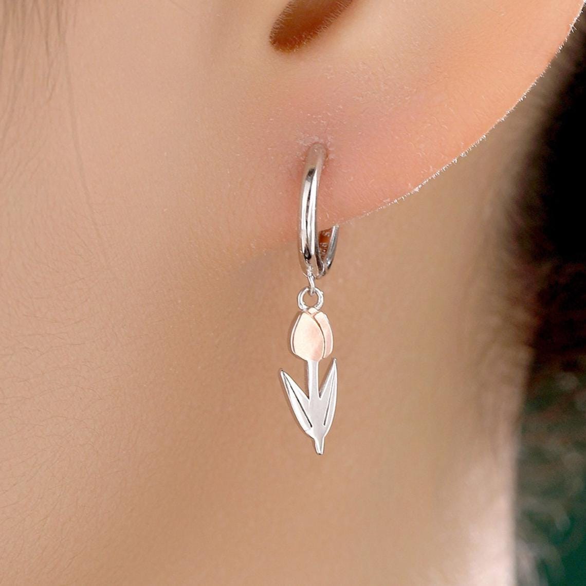 Tulip Flower Huggie Hoop Earrings in Sterling Silver, Two Tone Finish, Flower Earrings, Tulip Earrings