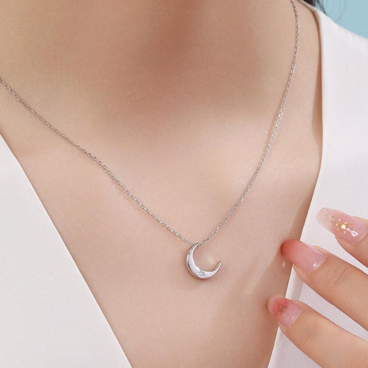 Crescent Moon with Starburst CZ Necklace in Sterling Silver, Silver or Gold or Rose Gold, Moon Necklace, Moon Pendant, New Moon Necklace