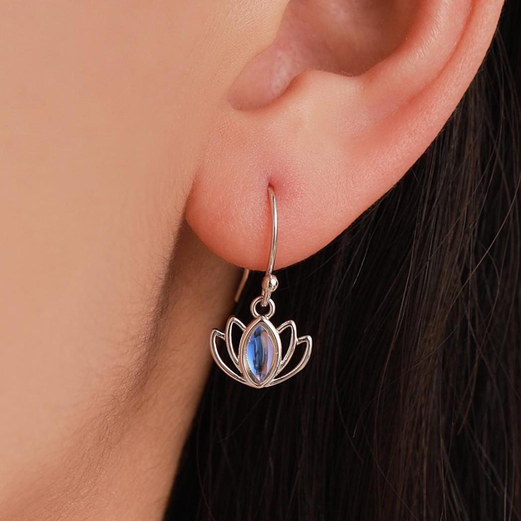 Sterling Silver Lotus Flower Drop Hook Earrings with Lab Moonstone, Silver or Gold or Rose Gold, Water Lily Earrings, Lotus Earrings