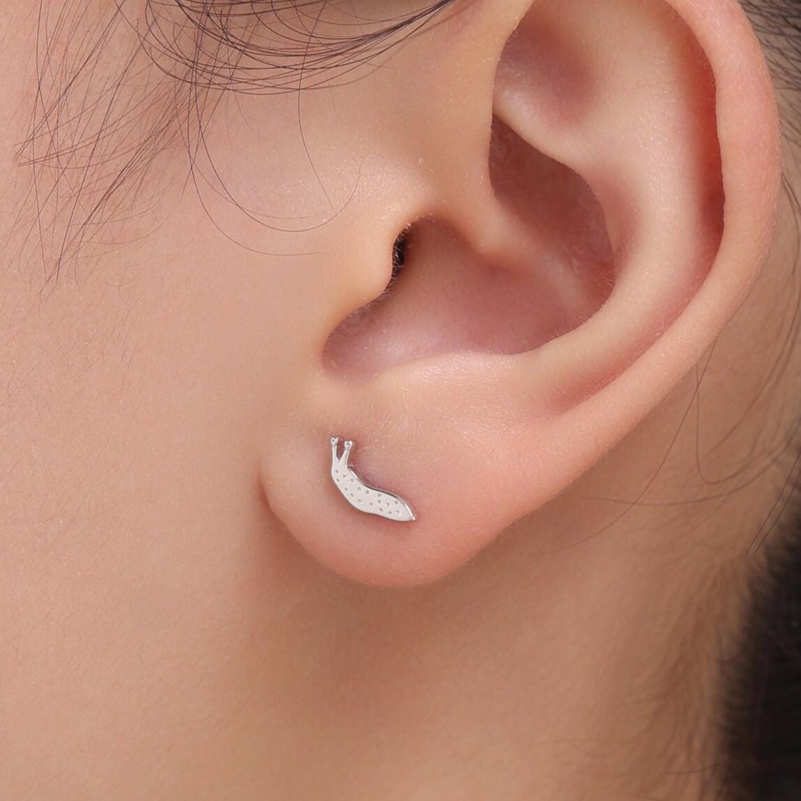 Extra Tiny Slug Stud Earrings in Sterling Silver, Silver or Gold or Rose Gold, Cute Insect Bug Earrings