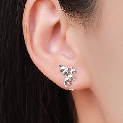 Dragon with Wings Stud Earrings in Sterling Silver, Available in Silver, Gold or Rose Gold, Sterling Silver Dragon Earrings