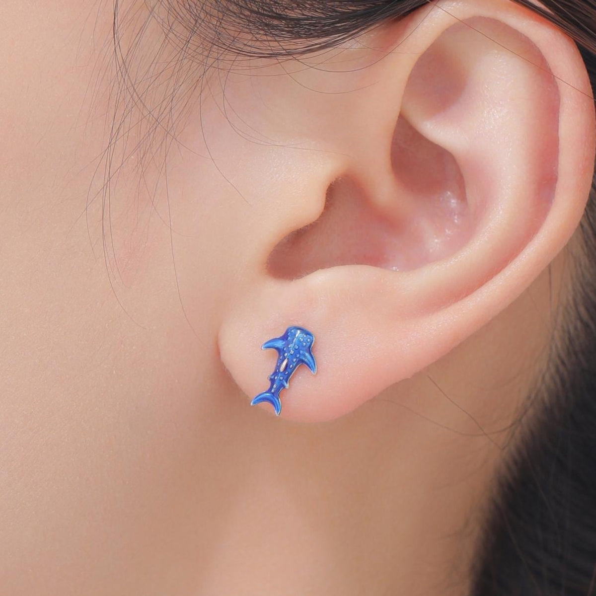 Very Tiny Whale Shark Stud Earrings in Sterling Silver with Hand Painted Enamel, Cute Whale Shark Earrings