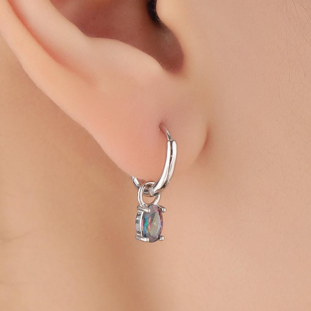 Oval Aurora Black CZ Huggie Hoop in Sterling Silver, Silver or Gold, Mystic Topaz CZ Crystal Hoop Earrings, Detachable and Interchangeable