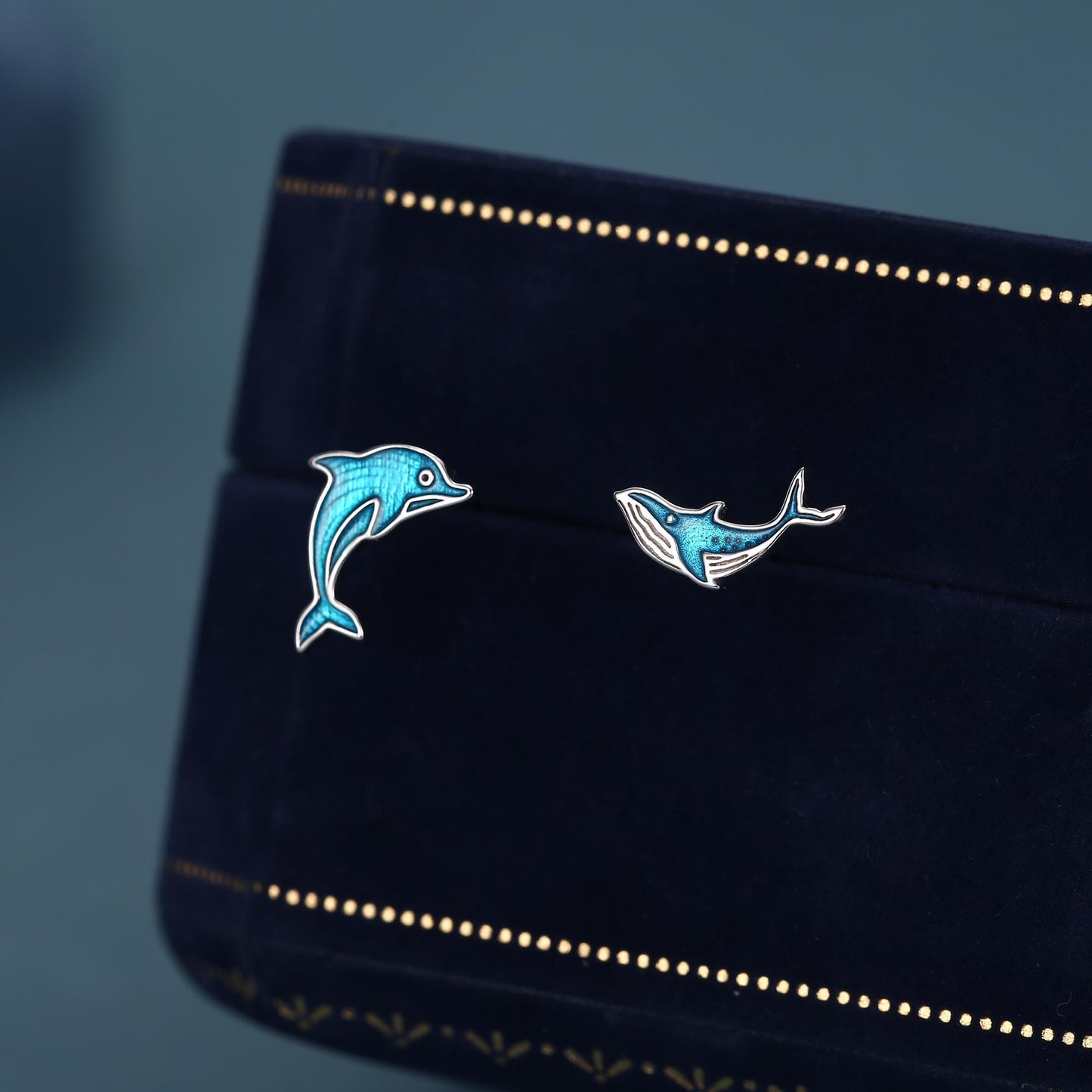 Sterling Silver Dolphin and Whale Mismatched Stud Earrings