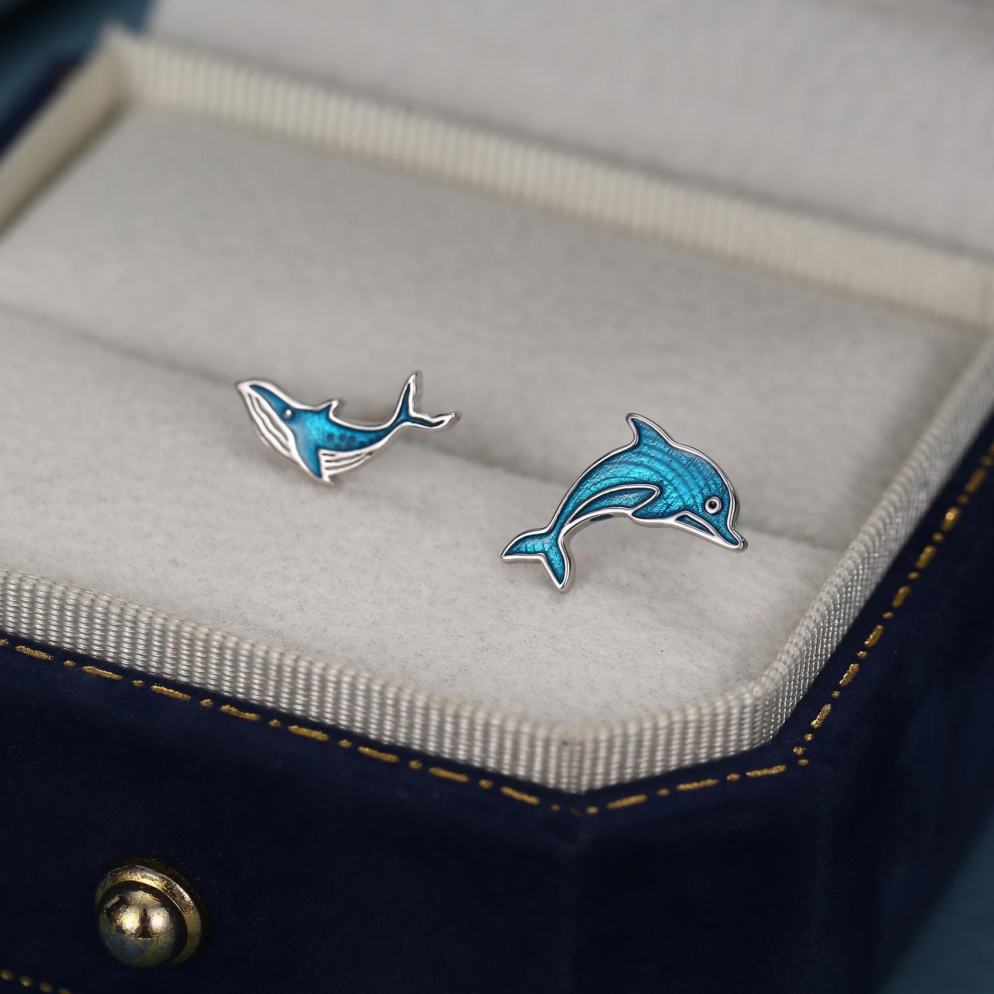 Sterling Silver Dolphin and Whale Mismatched Stud Earrings