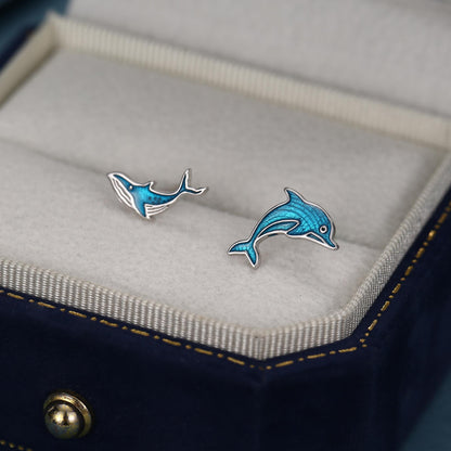 Sterling Silver Dolphin and Whale Mismatched Stud Earrings