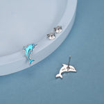 Sterling Silver Dolphin Stud Earrings with Blue Enamel