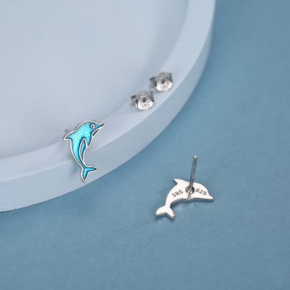 Sterling Silver Dolphin Stud Earrings with Blue Enamel