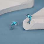 Sterling Silver Dolphin Stud Earrings with Blue Enamel