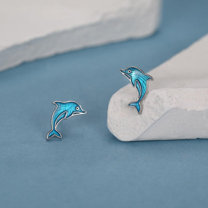 Sterling Silver Dolphin Stud Earrings with Blue Enamel
