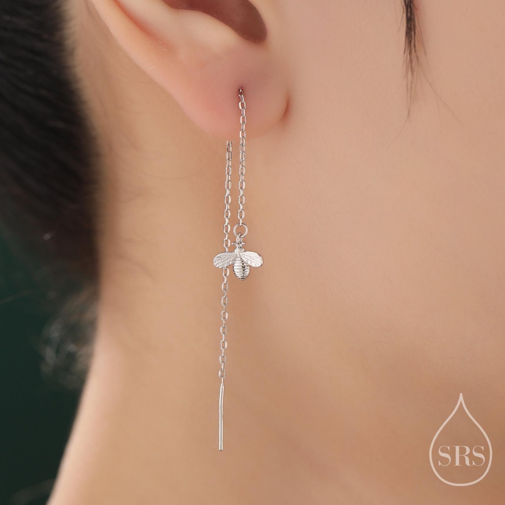 Sterling Silver Bumble Bee Threader Earrings, Silver, Gold or Rose Gold, Cute Honey Bee Ear Threaders, Original Design by Silver Rain Silver
