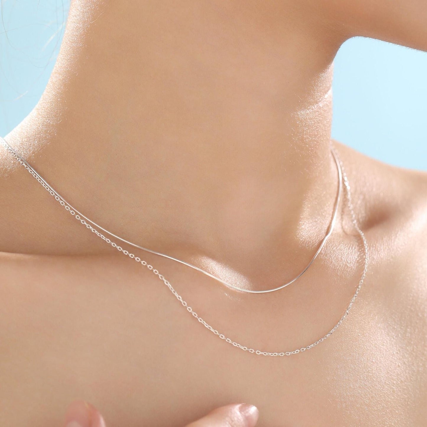 Double Layer Necklace in Sterling Silver with Dainty Chain and Snake Chain, Silver or Gold or Rose Gold, Chain Necklace