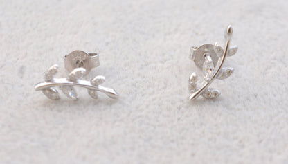 Sterling Silver  Sparkly CZ Crystal Paved Little Tree Branch Leaf Stud Earrings, Post Earrings  D31