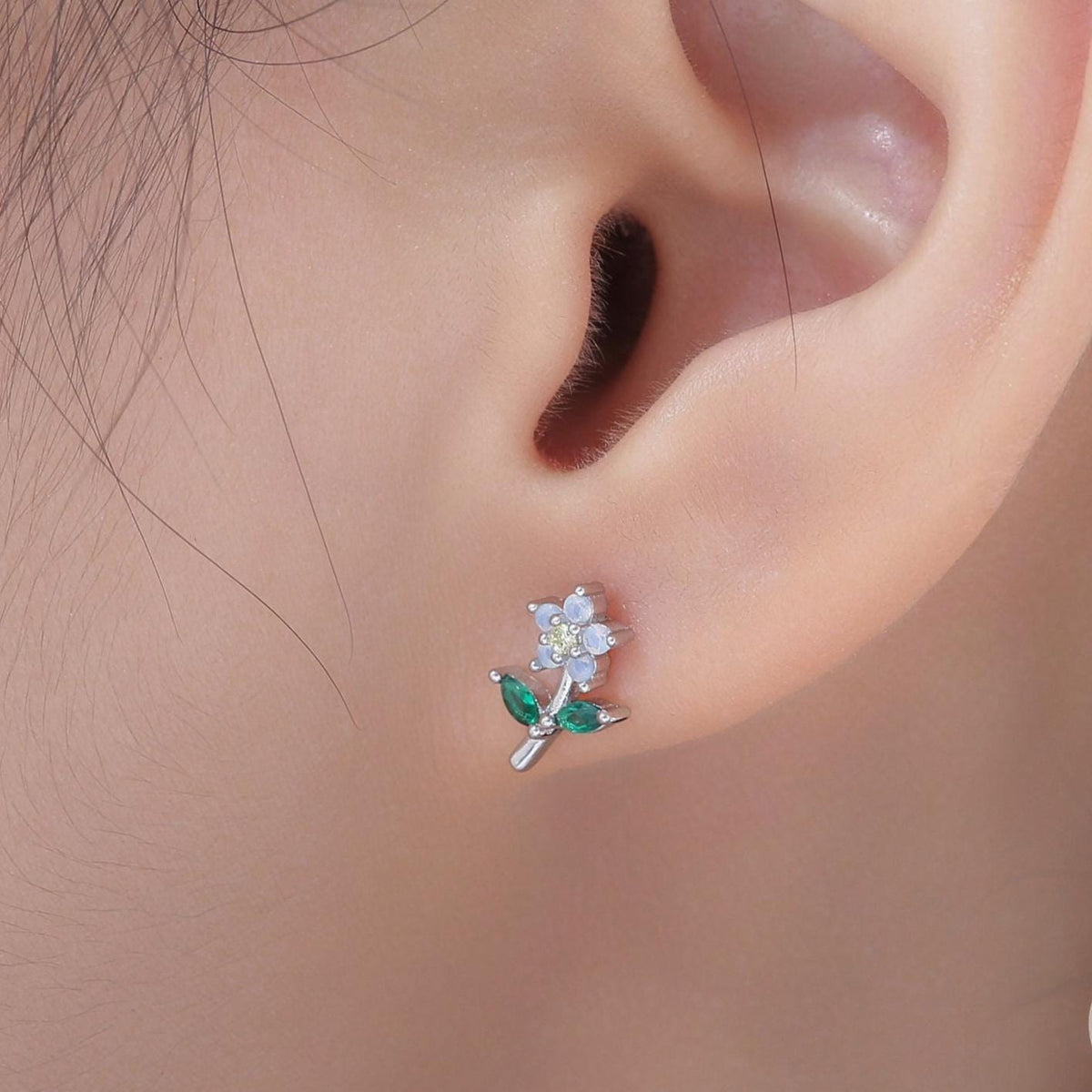 Opal Blue CZ Flower Stud Earrings in Sterling Silver, Silver, Gold or Rose Gold, Delicate CZ Flower Stud Earrings