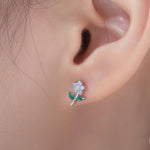 Opal Blue CZ Flower Stud Earrings in Sterling Silver, Silver, Gold or Rose Gold, Delicate CZ Flower Stud Earrings