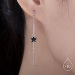 Black Star CZ Threader Earrings in Sterling Silver, Silver or Gold, Crystal Star Ear Threaders