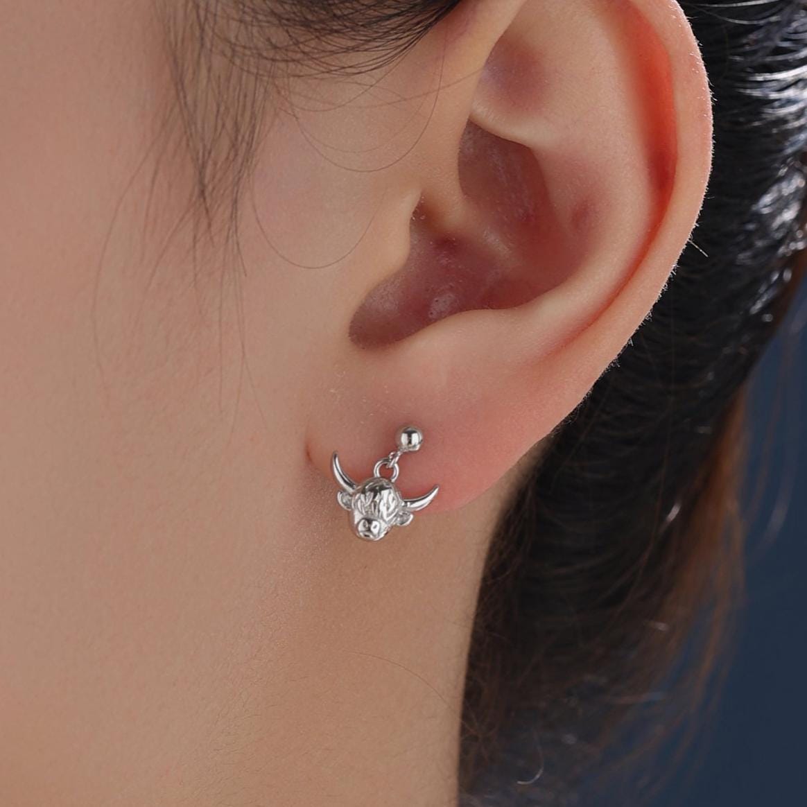 Dangling Highland Cow Drop Stud Earrings in Sterling Silver, Silver or Gold or Rose Gold, Highland Cow Earrings, Cow Hook Earrings, Scottish