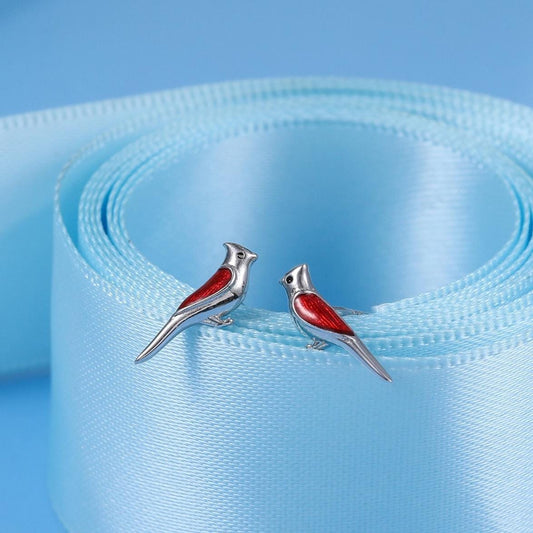 Enamel Cardinal Bird Stud Earrings in Sterling Silver, Tiny Bird Earrings, Silver Bird Earrings, Silver Bird Earrings