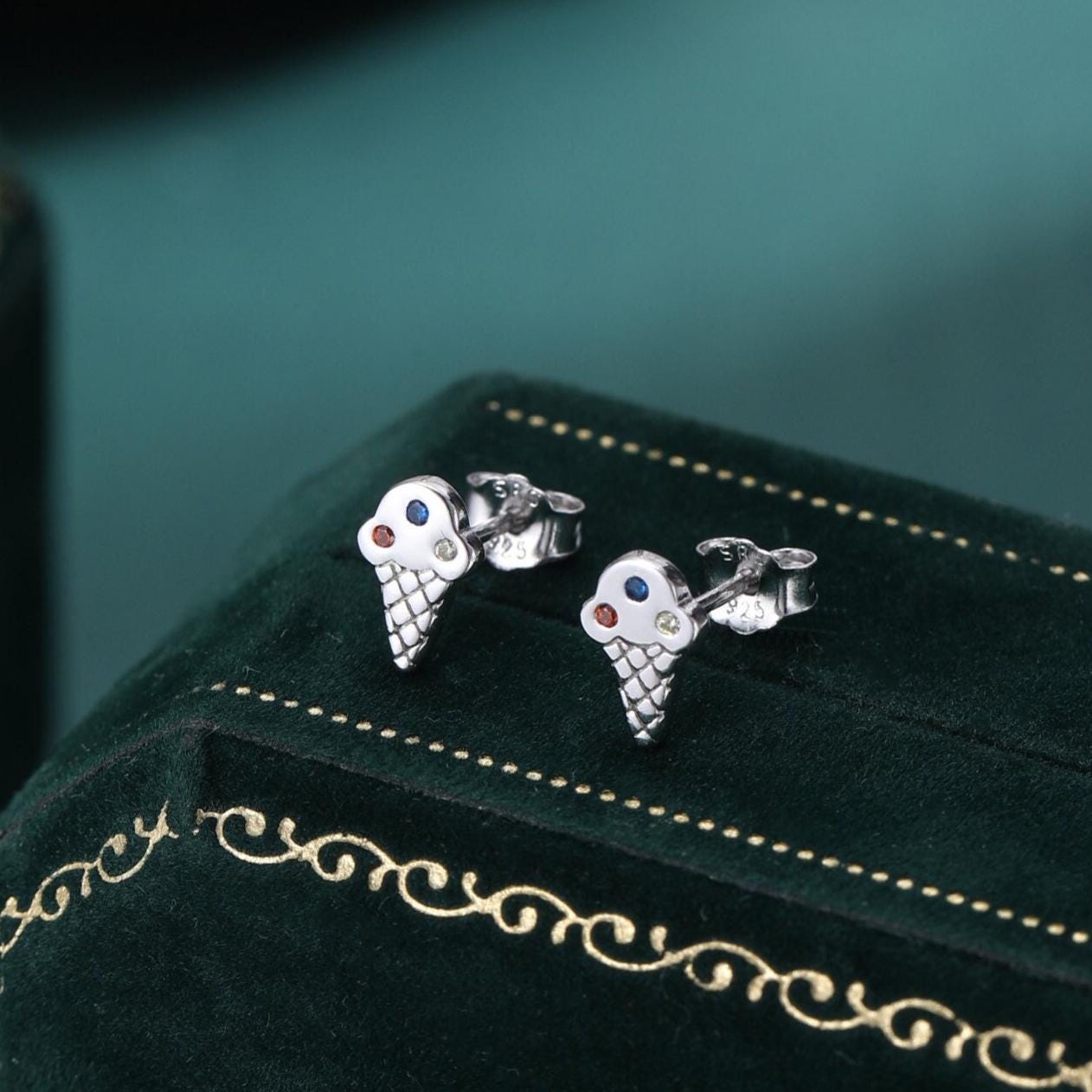 Tiny Ice Cream CZ Stud Earrings in Sterling Silver, Silver or Gold or Rose Gold, Gelato Stud Earrings, Cute and Quirky Food Jewellery