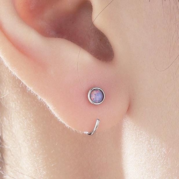 Minimalist Purple Opal Huggie Hoop Threader Earrings in Sterling Silver, Gold or Silver, Pull Through Open Hoop Earrings