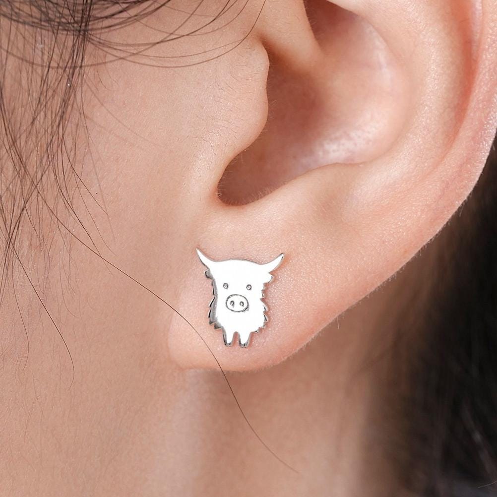 Baby Highland Cow Stud Earrings in Sterling Silver, Silver or Gold or Rose Gold, Cute Bull Earrings, Cow Earrings, Scottish Design