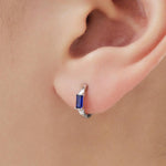 Sapphire Blue Single Baguette Cut CZ Huggie Hoop in Sterling Silver, Silver or Gold, Minimalist Simple Blue Hoop Earrings