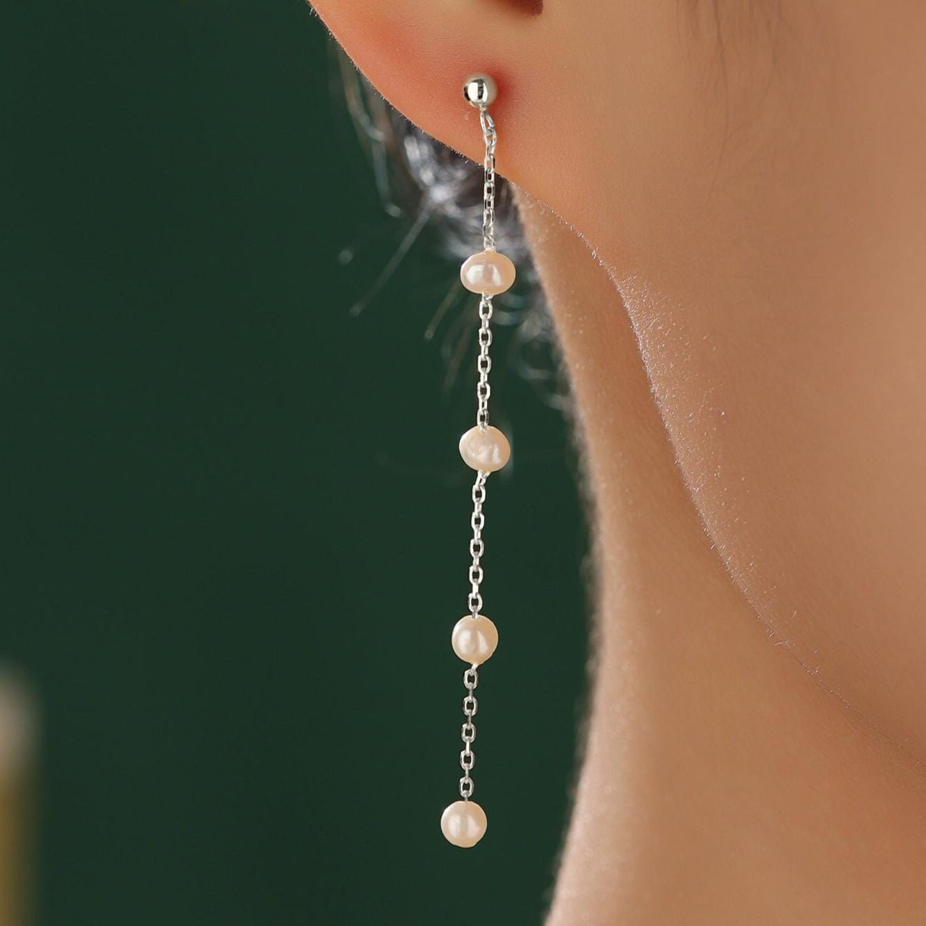 Genuine Freshwater Pearl Drop Satellite Earrings in Sterling Silver, Delicate Keshi Pearl Long Dangle Earrings, Pearl Stud Dangle Earrings