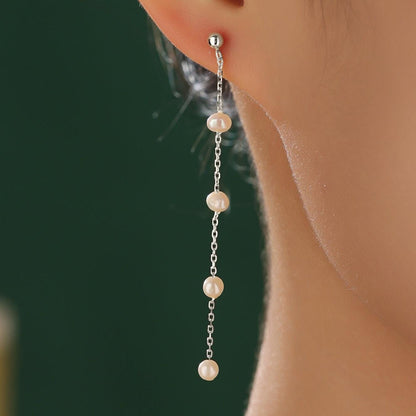 Genuine Freshwater Pearl Drop Satellite Earrings in Sterling Silver, Delicate Keshi Pearl Long Dangle Earrings, Pearl Stud Dangle Earrings