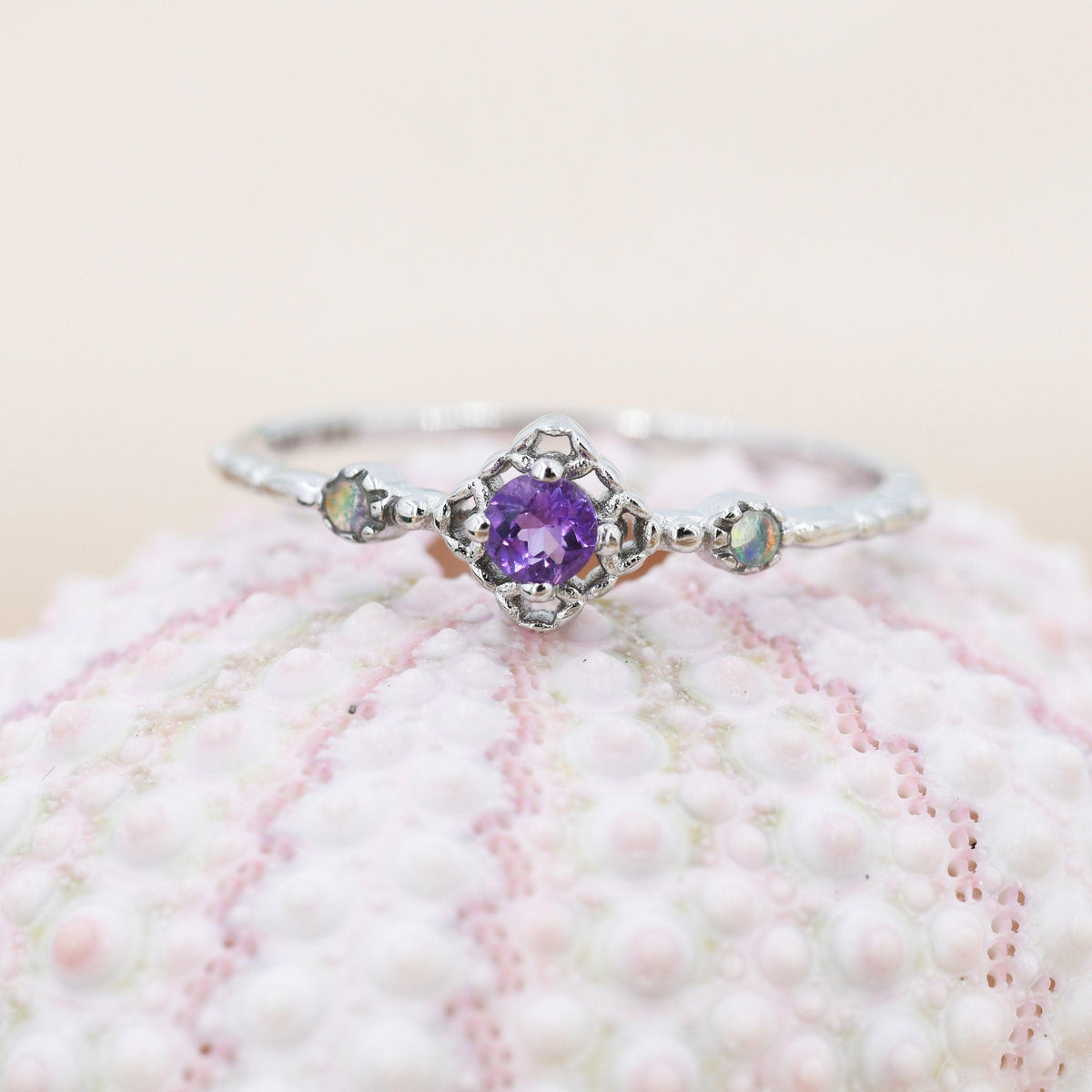 Natural Amethyst and Opal Ring in Sterling Silver, Silver or Gold, Natural purple Amethyst Ring, Vintage Inspired Design, US 5-8