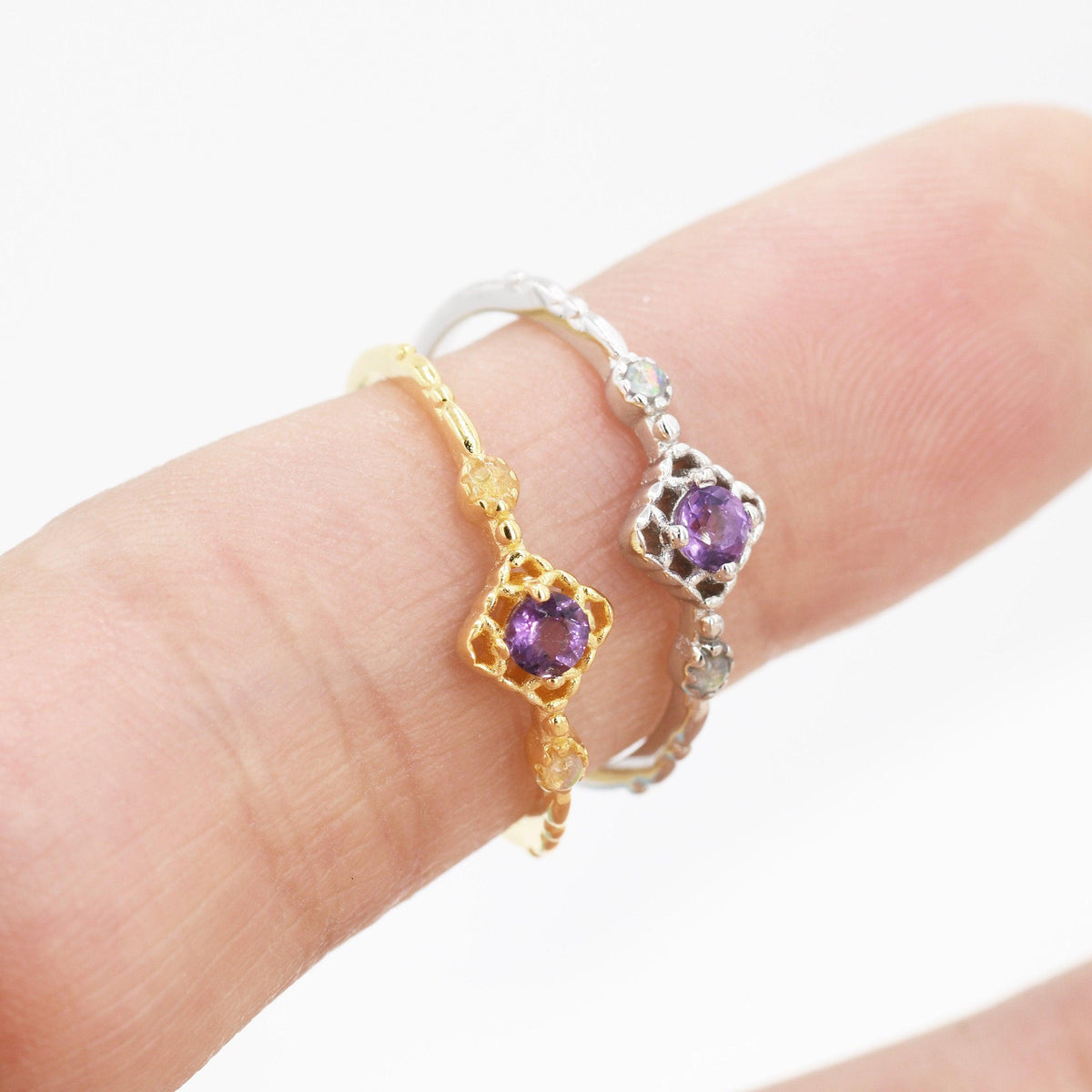 Natural Amethyst and Opal Ring in Sterling Silver, Silver or Gold, Natural purple Amethyst Ring, Vintage Inspired Design, US 5-8
