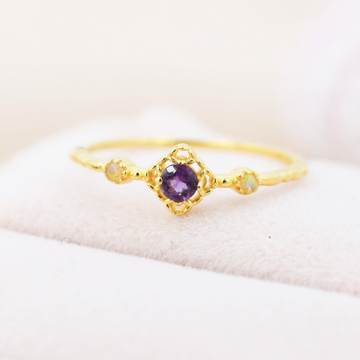 Natural Amethyst and Opal Ring in Sterling Silver, Silver or Gold, Natural purple Amethyst Ring, Vintage Inspired Design, US 5-8