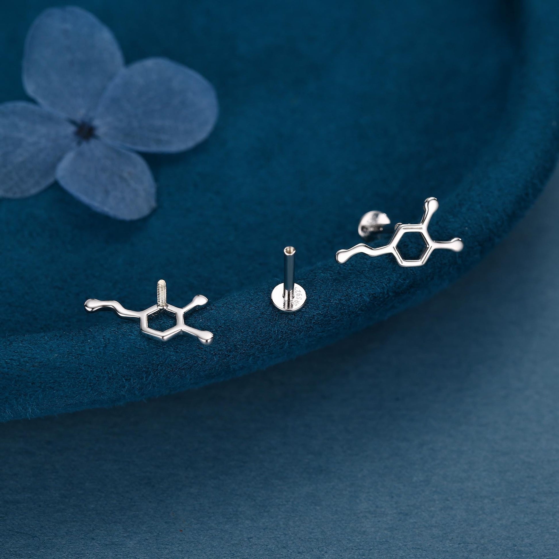 Happiness Molecules Dopamine 16G Flat Back Labret Earrings in Sterling Silver