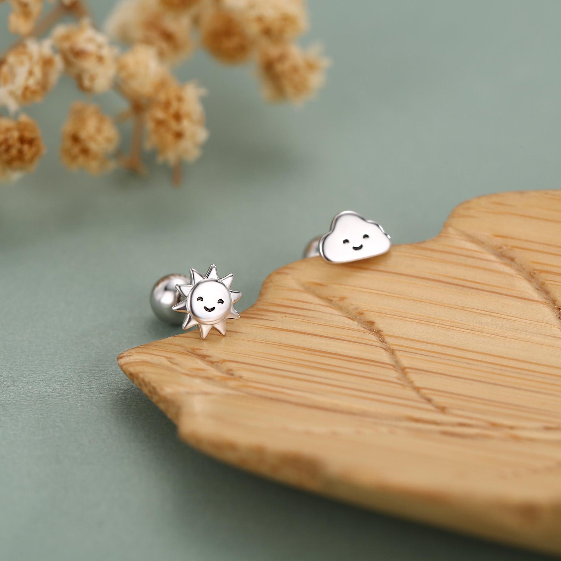 Sterling Silver Sun and Cloud 18G Screw Back Earrings with Ball Backs