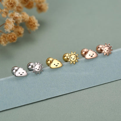 Sterling Silver Sun and Cloud 18G Screw Back Earrings with Ball Backs