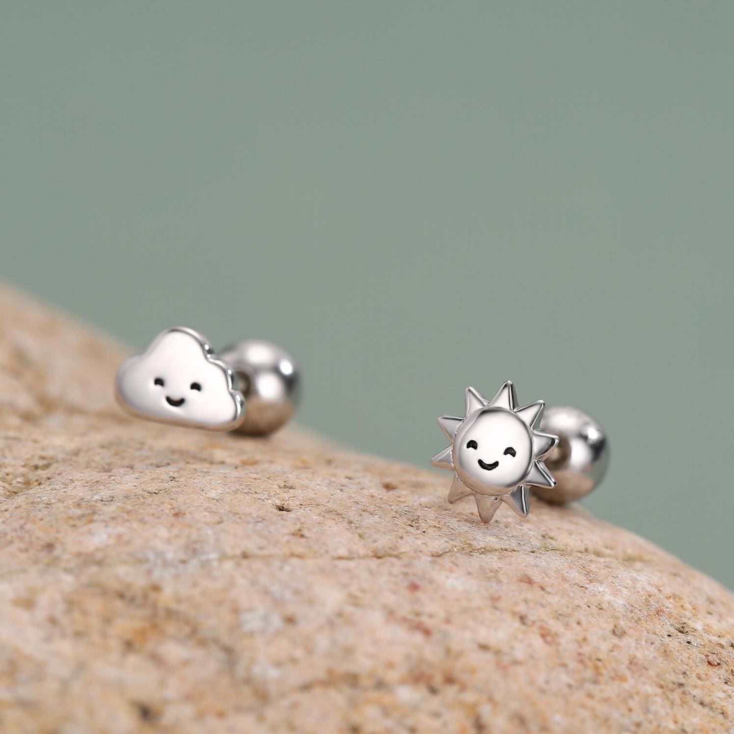 Sterling Silver Sun and Cloud 18G Screw Back Earrings with Ball Backs
