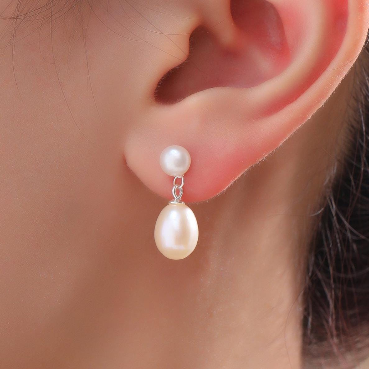 Natural Freshwater Pearl Drop Earrings in Sterling Silver, Silver or Gold, Delicate Double Pearl Earrings, Double Pearl Stud Dangle Earrings