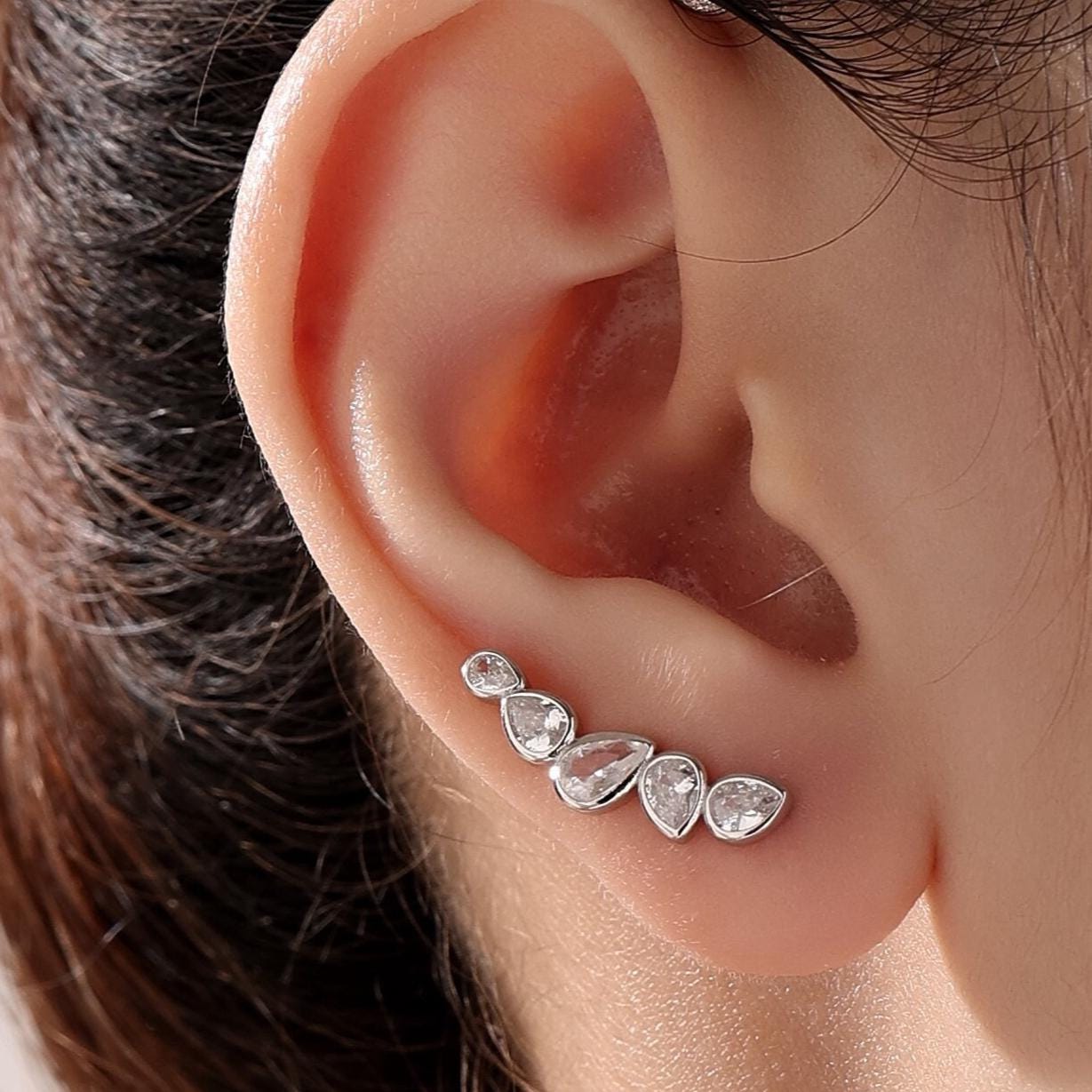 Clear CZ Droplet Cluster Crawler Earrings in Sterling Silver, Silver or Gold, Pear CZ Cluster Crawler, Cluster Earrings