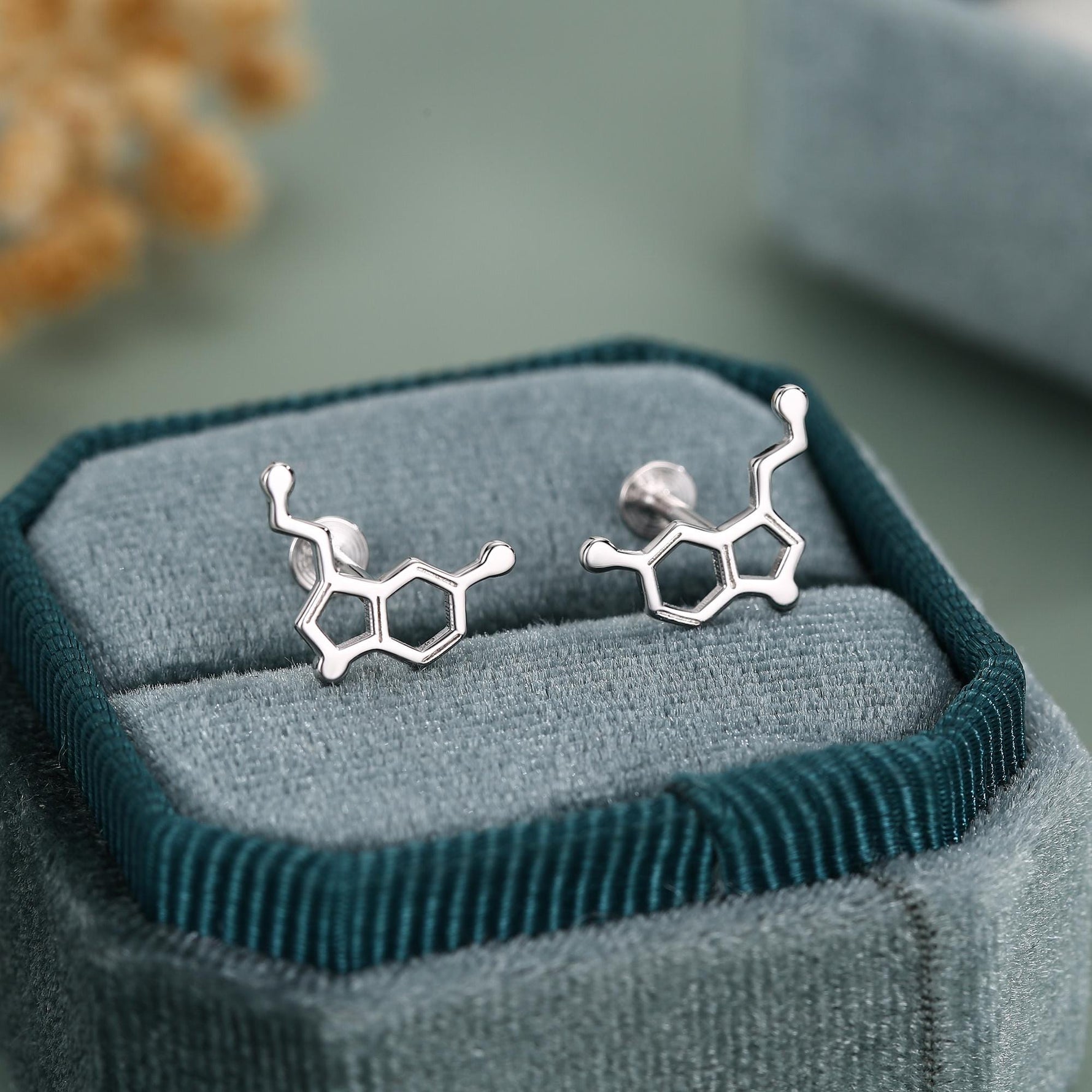 Sterling Silver Serotonin Molecule 16G Flat Back Labret Earrings