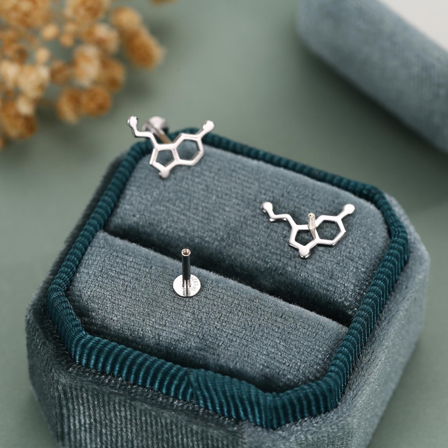 Sterling Silver Serotonin Molecule 16G Flat Back Labret Earrings