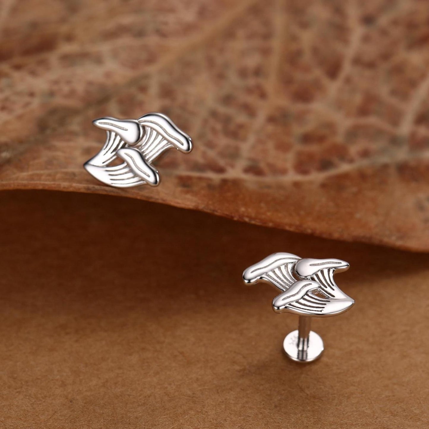 Sterling Silver Chanterelle Mushroom 16G Flat Back Labret Earrings