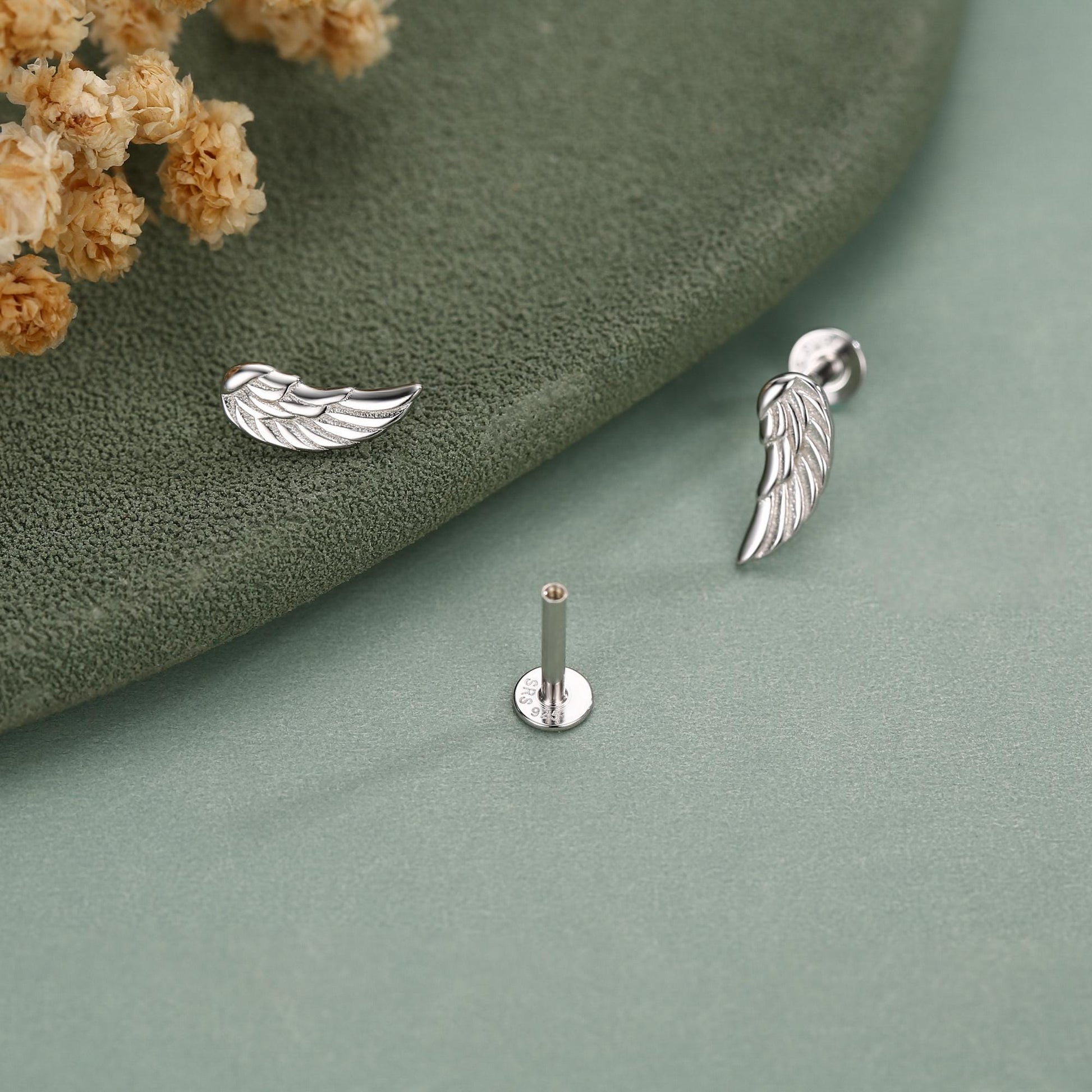 Sterling Silver Angel Wing 16G Flat Back Labret Earrings