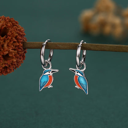 Sterling Silver Enamel Kingfisher Detachable Huggie Hoop Earrings