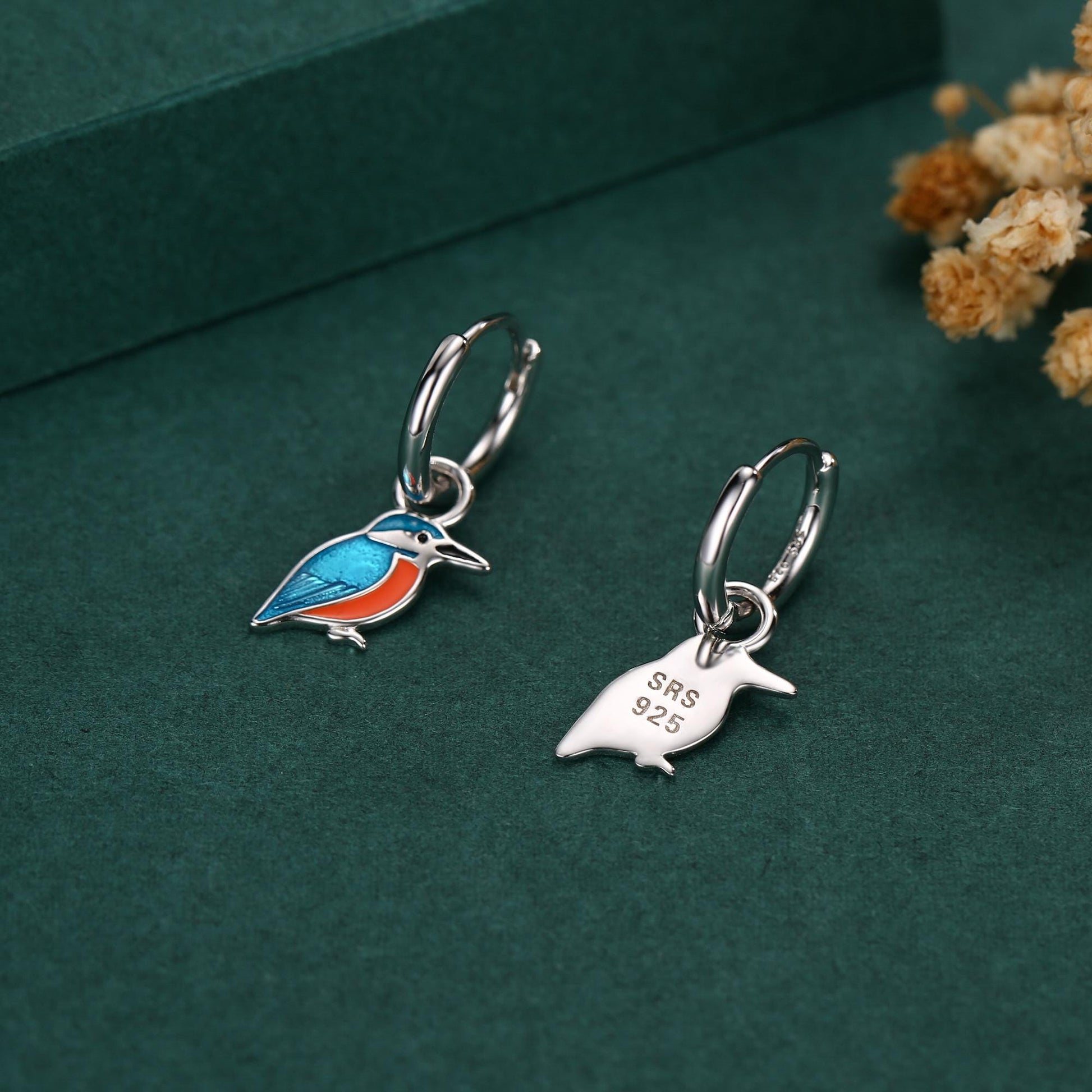 Sterling Silver Enamel Kingfisher Detachable Huggie Hoop Earrings